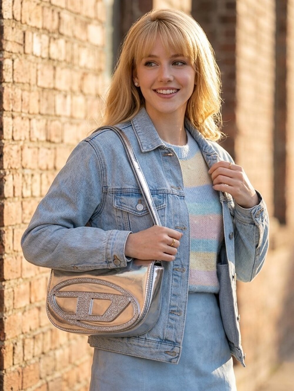 Diesel Womens 1DR Shoulder Bag Silver Mirrored Metallic Iconic Archival Rare Y2K